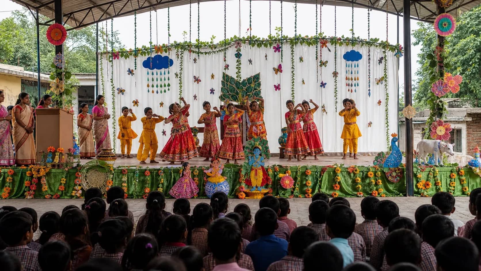 Schoolchildren performing a colourful Krishna-themed cultural programme