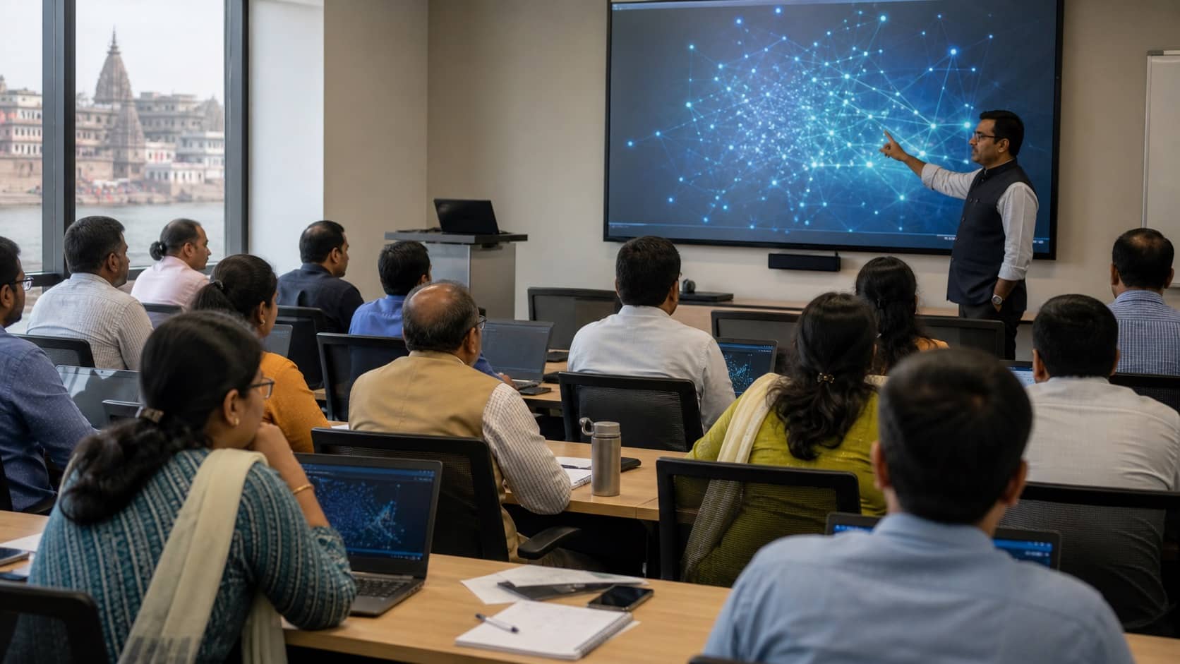 University teachers attending an artificial-intelligence workshop with laptops