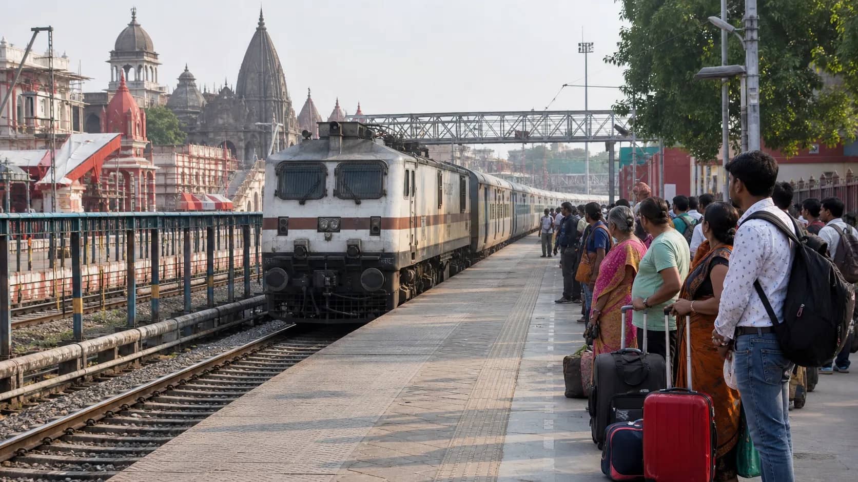 Long-distance passenger train arriving at a Varanasi platform