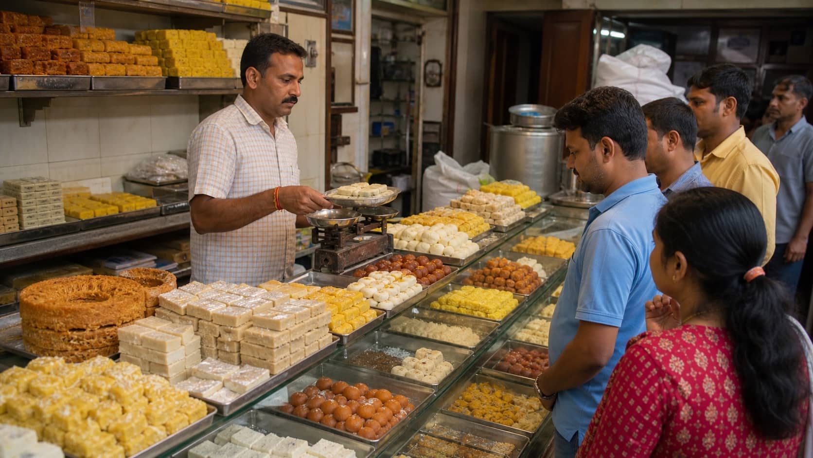 Customers choosing traditional sweets at a Varanasi mithai shop