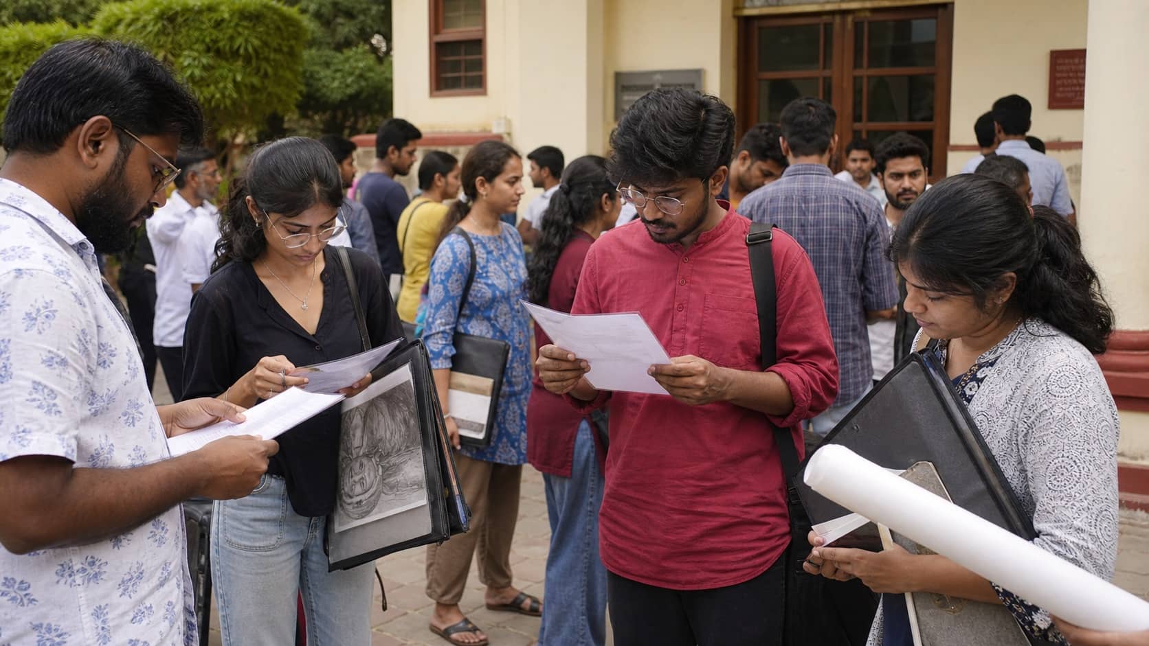 Fine-arts applicants holding portfolios outside a university office