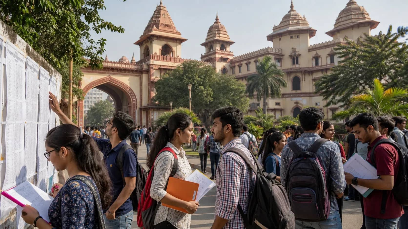 Students checking admission information near a university building