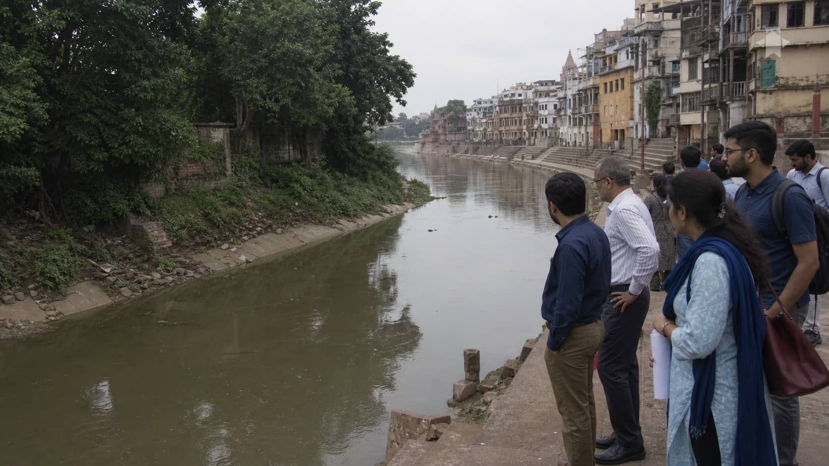 Environmental experts inspecting an urban river channel in Varanasi