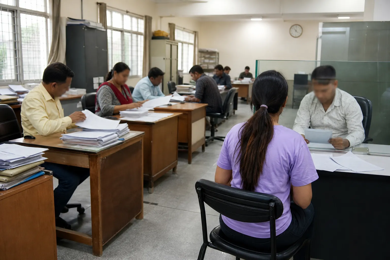 Election officials reviewing voter enrolment forms in a Gurugram office