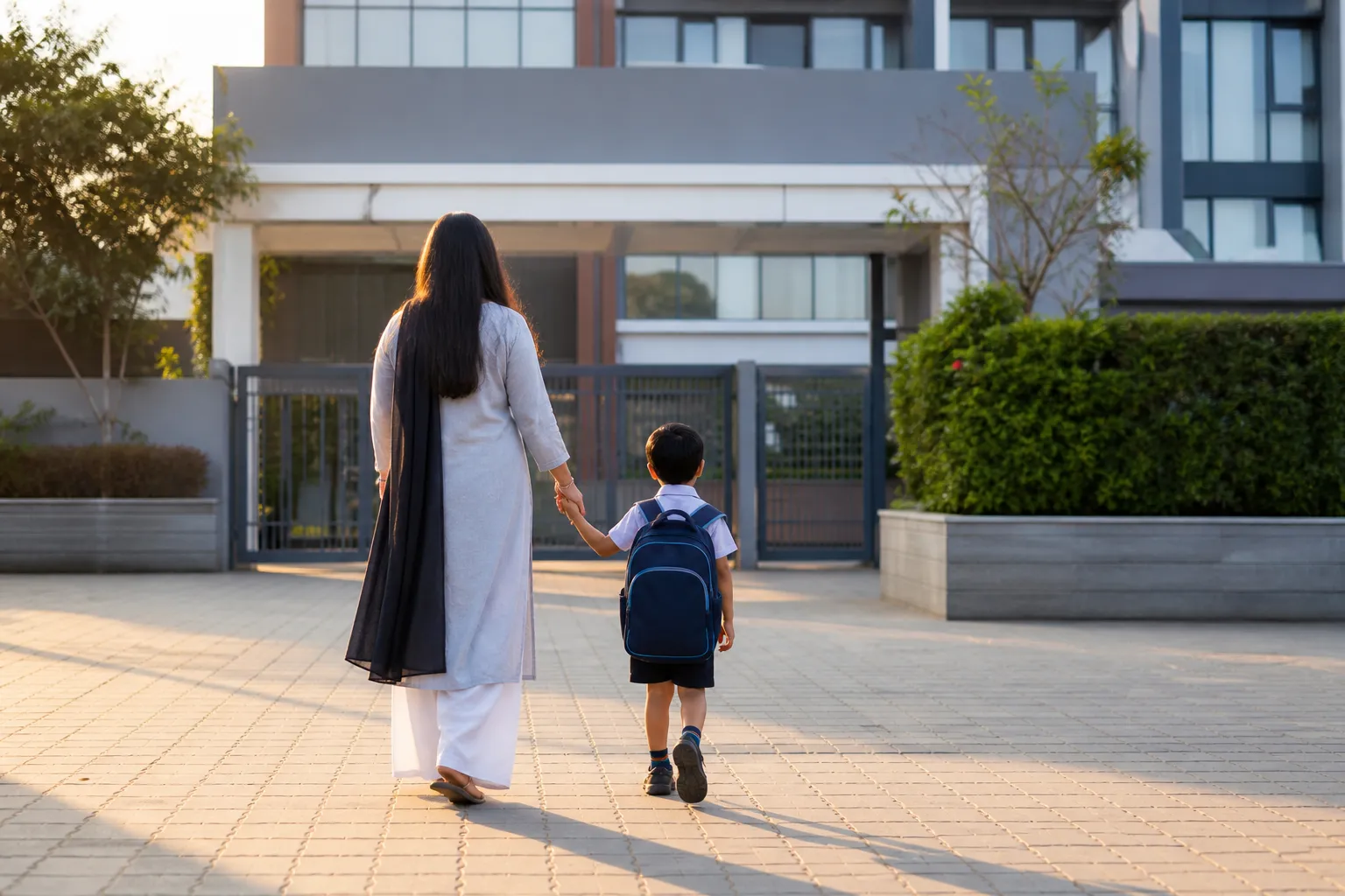 Parent and young child approaching a private school entrance in Gurugram