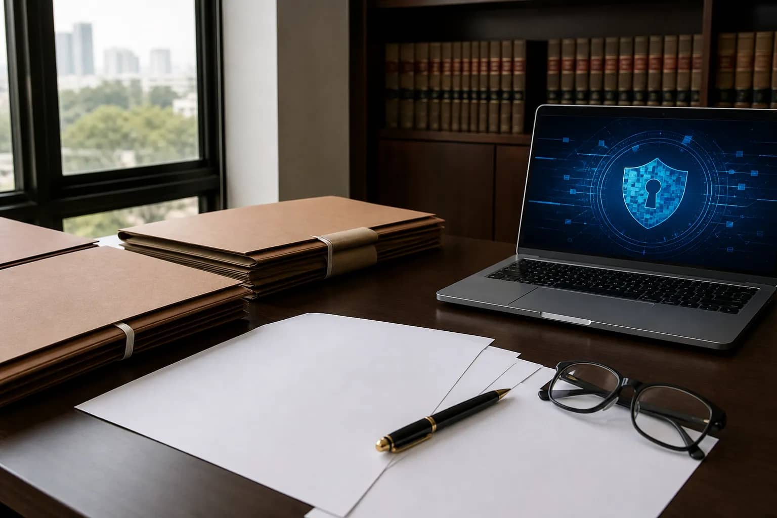 Closed case files and a laptop on a legal desk in Gurugram