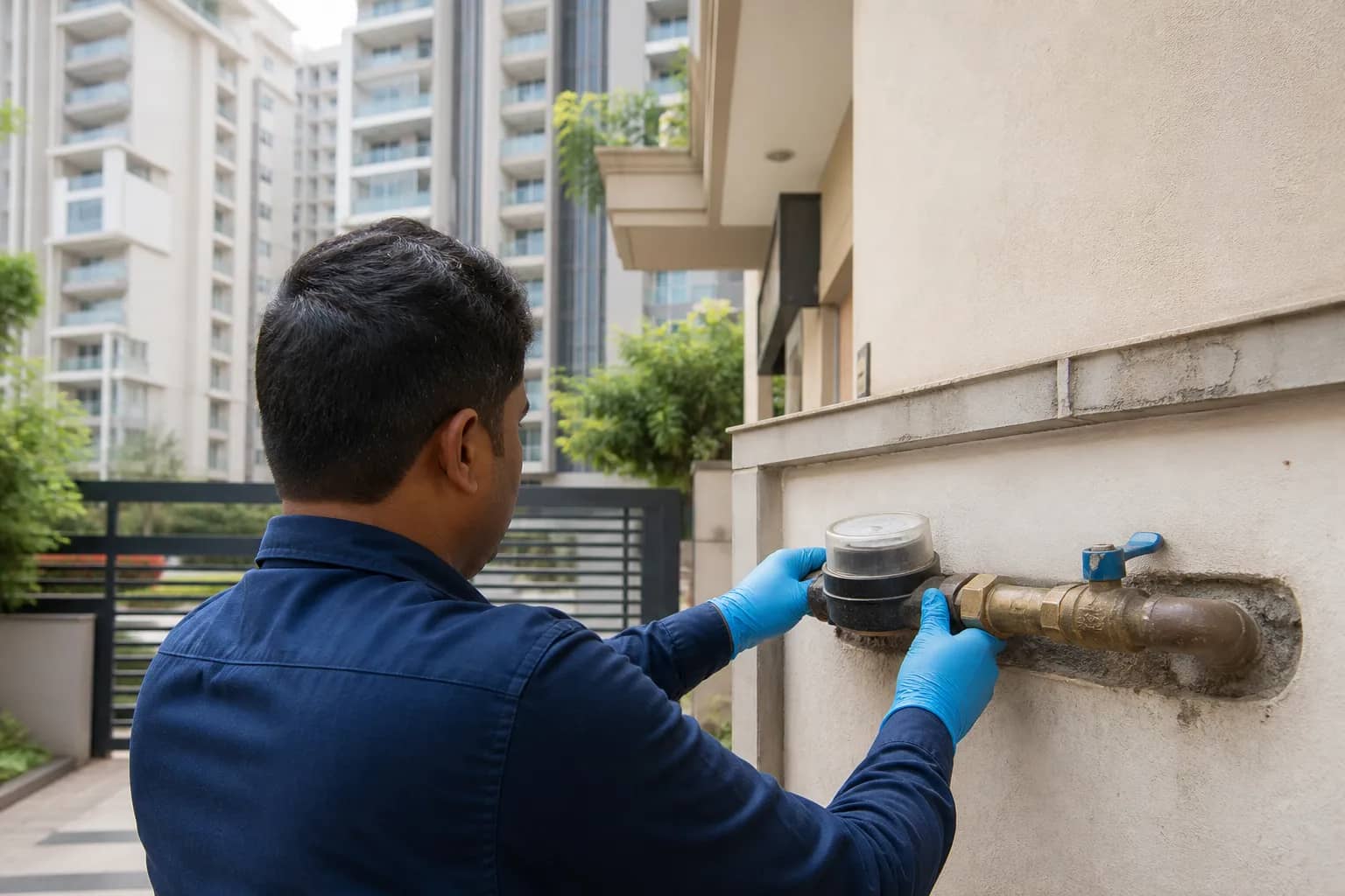 Municipal worker inspecting a household water meter in Gurugram