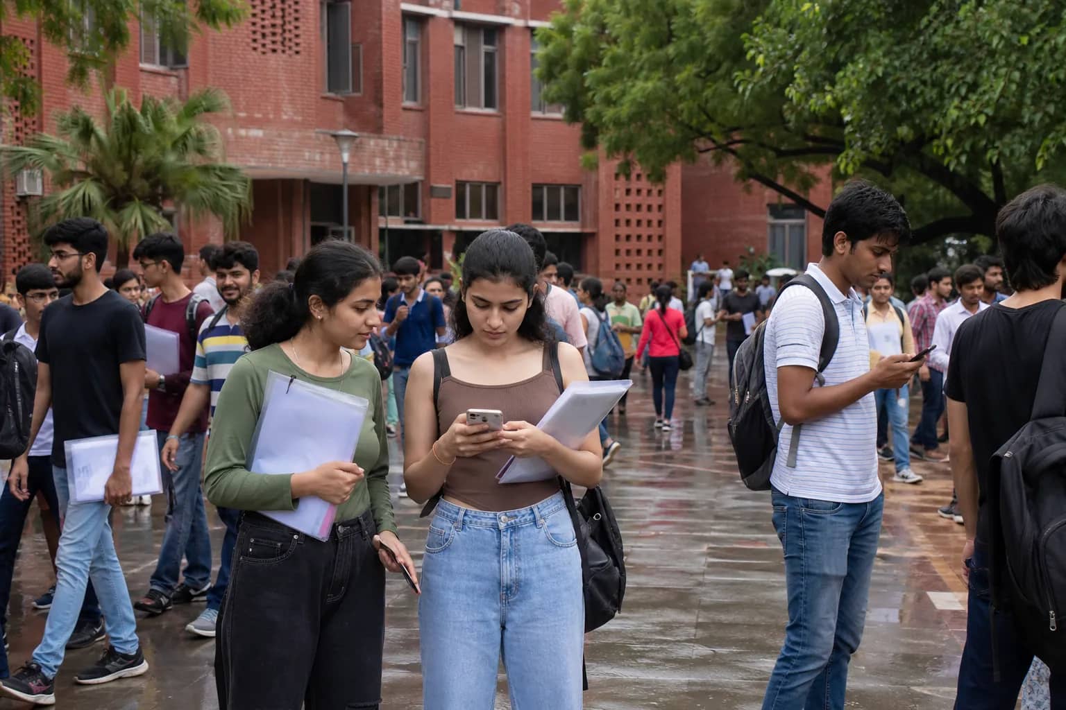 Students walking outside a Delhi University college during the undergraduate admission season