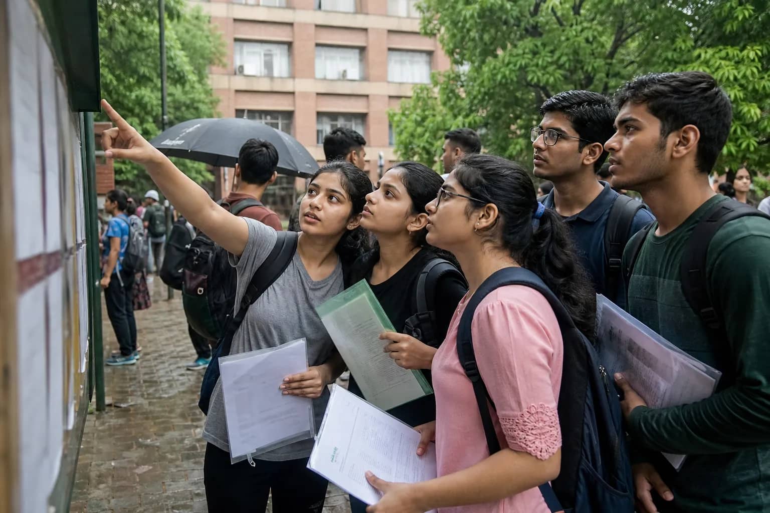 Students consulting an undergraduate admission notice on a university campus in Delhi