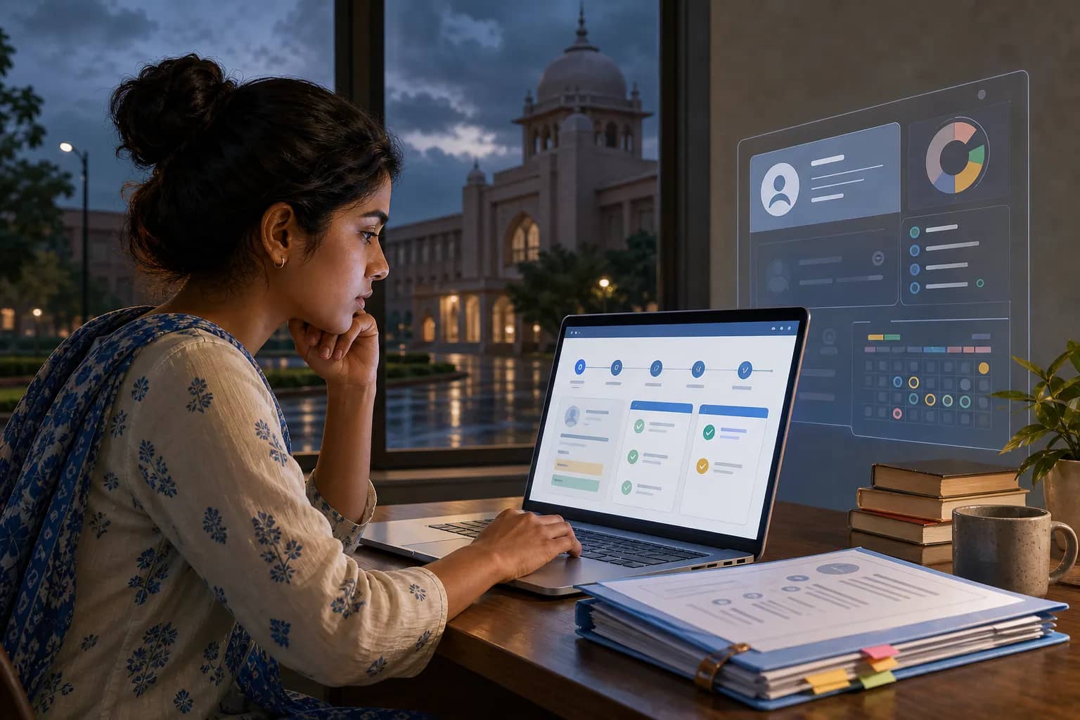Postgraduate applicant checking the Haryana college admission portal on a laptop