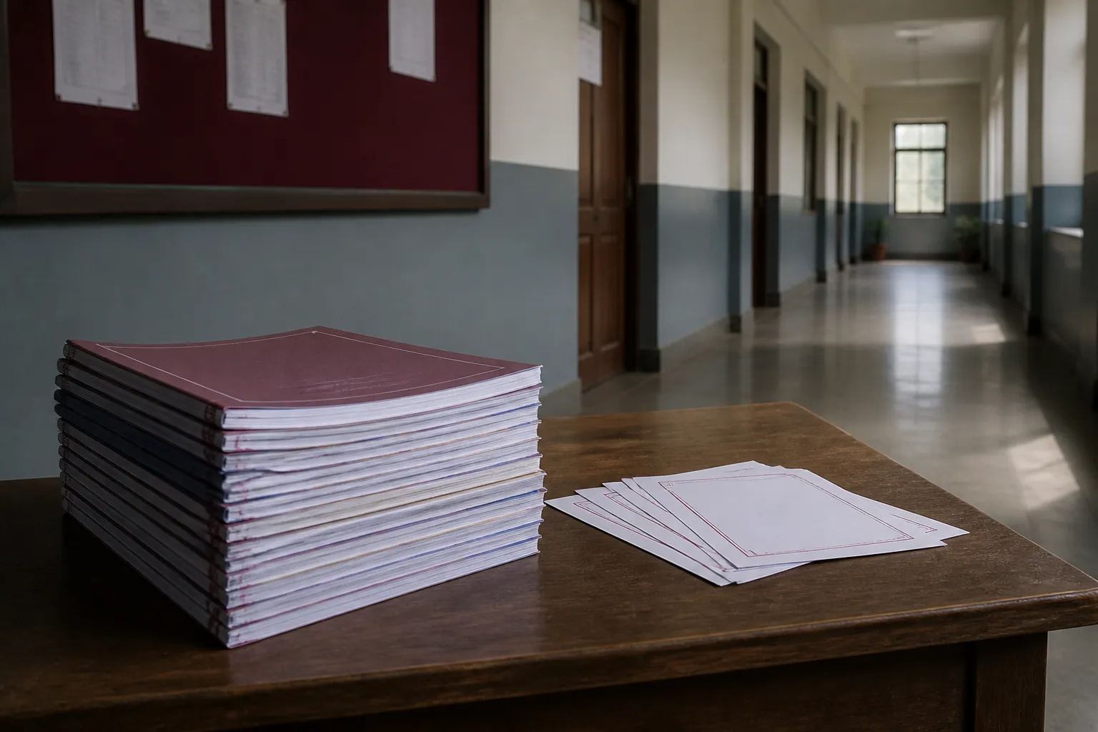 University exam papers and an empty campus corridor representing backlog examinations