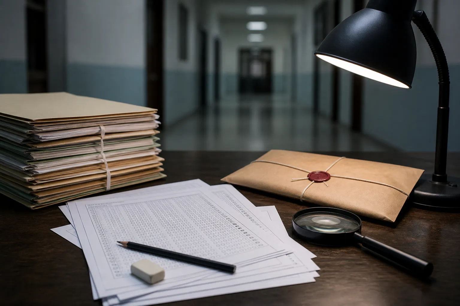 Generic OMR sheets and investigation files on a desk representing a recruitment examination probe