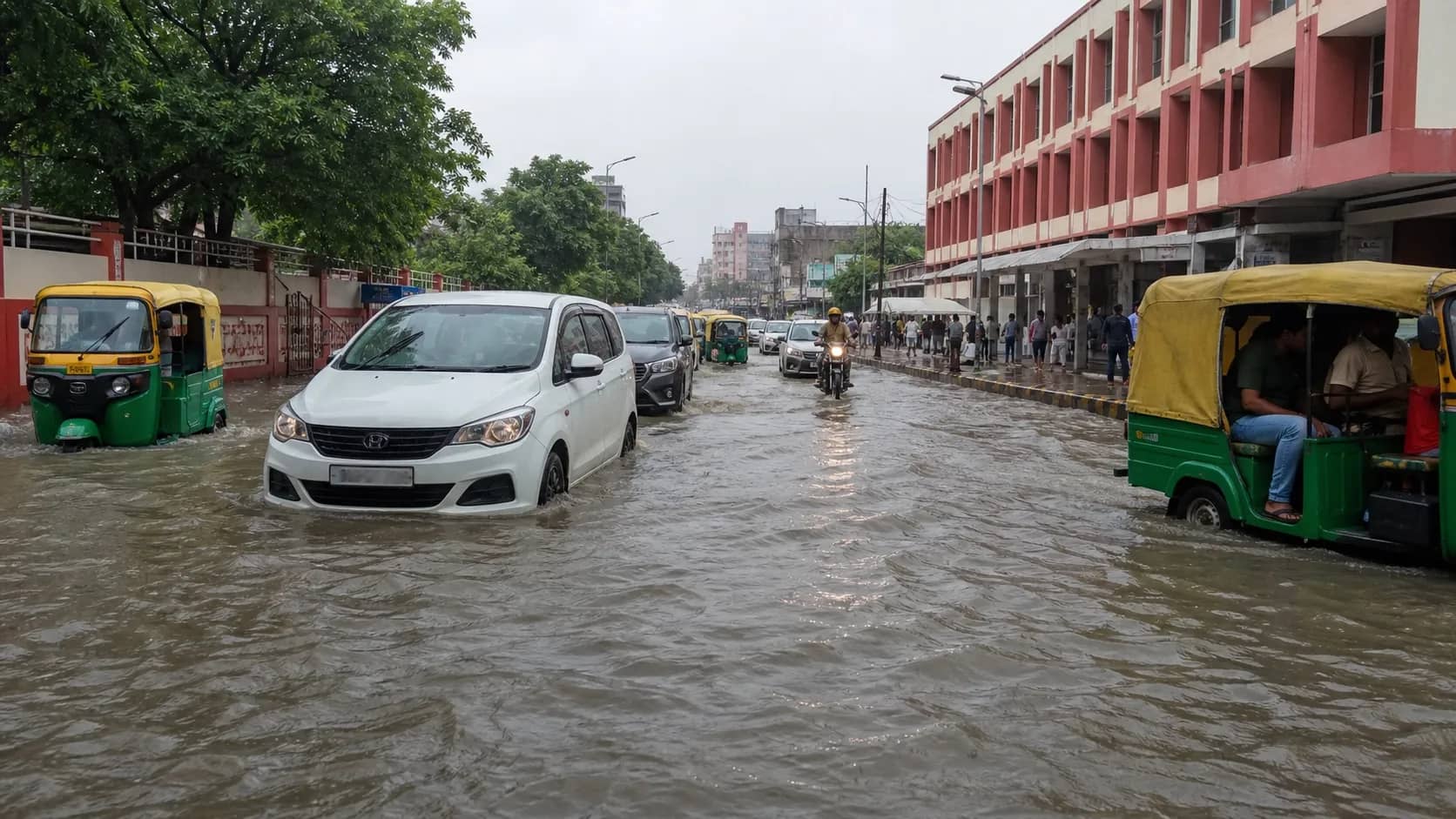 Vehicles moving through a waterlogged Varanasi road after heavy rain