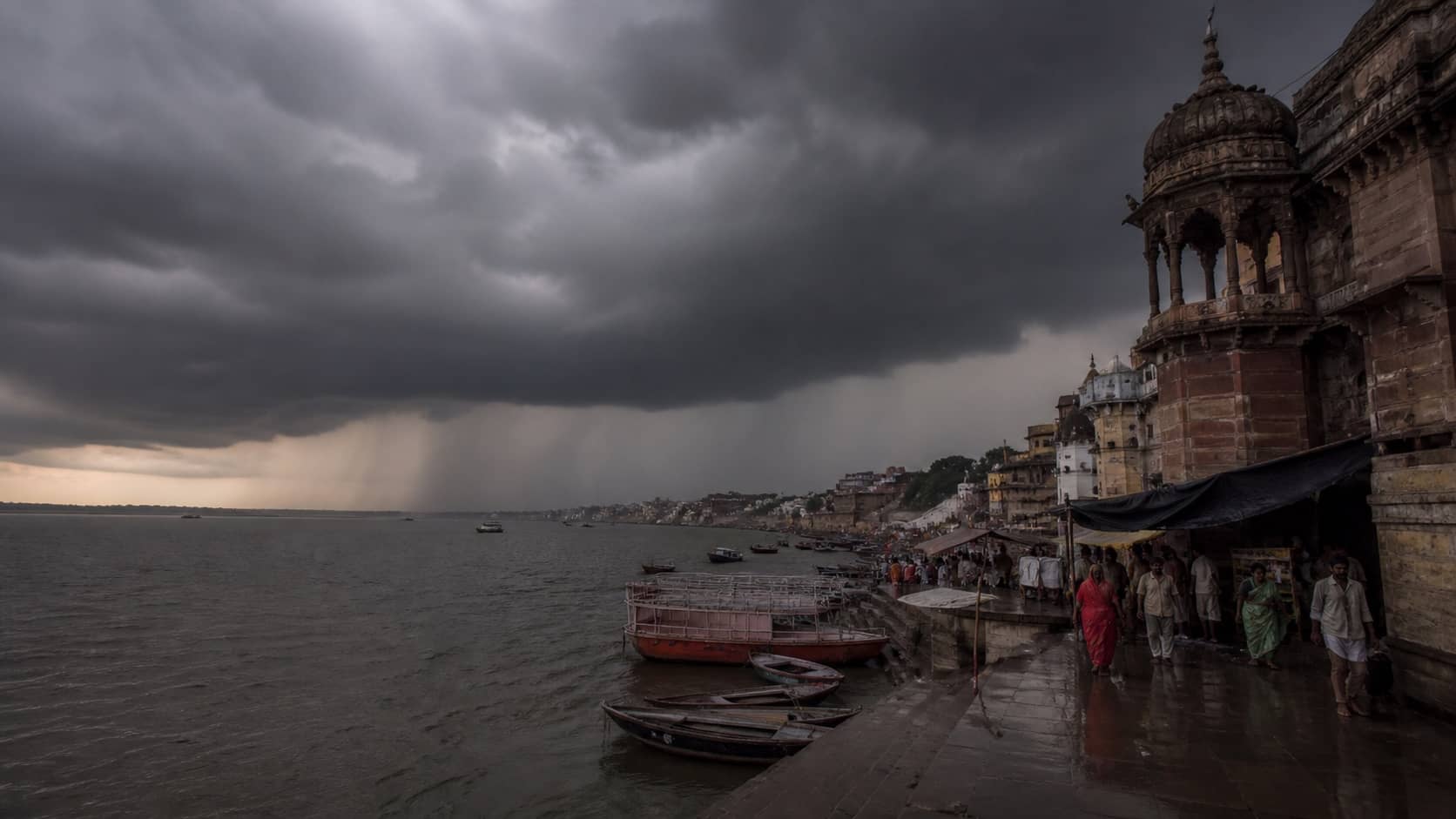 Dark monsoon clouds gathering over the Varanasi skyline