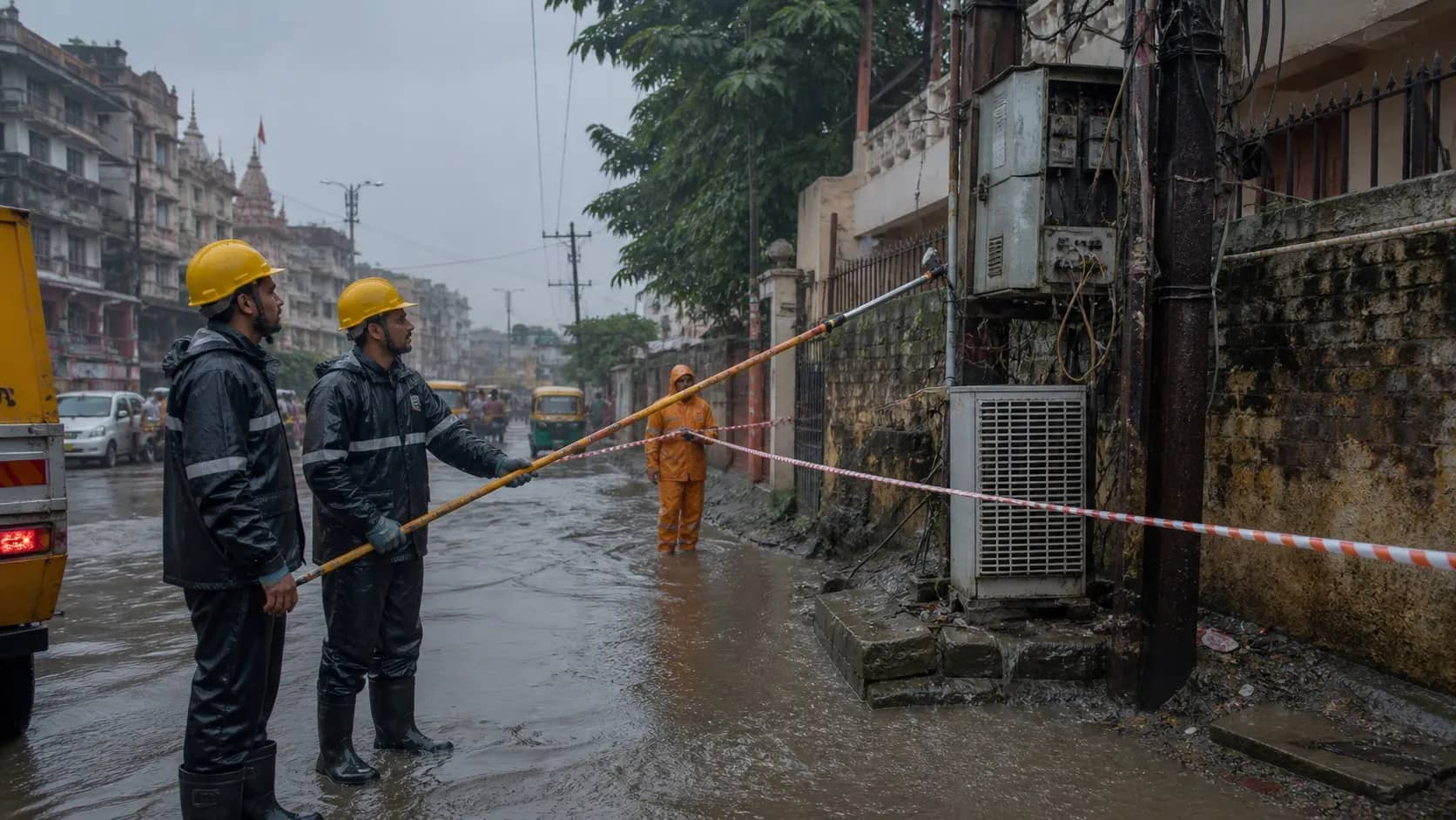 Rainwater collecting around an electrical pole on a Varanasi street