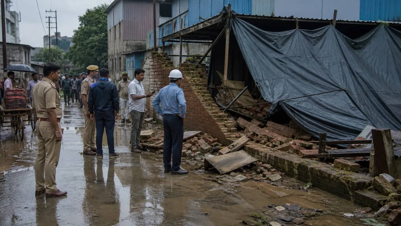 Emergency responders beside debris from a collapsed boundary wall