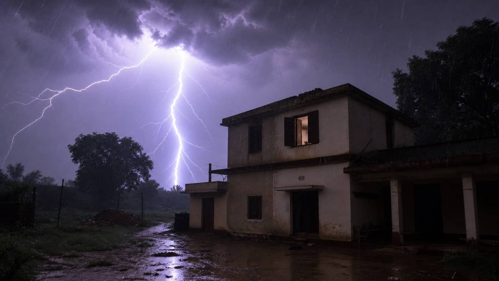 Lightning over a rural house during a night storm near Varanasi