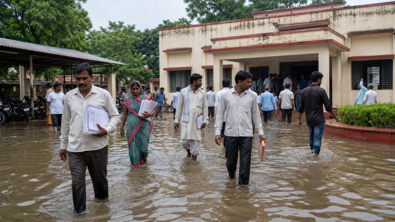 People walking through rainwater inside a government office campus