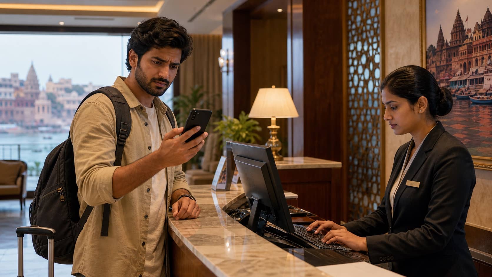 Traveller checking a hotel booking confirmation and payment message