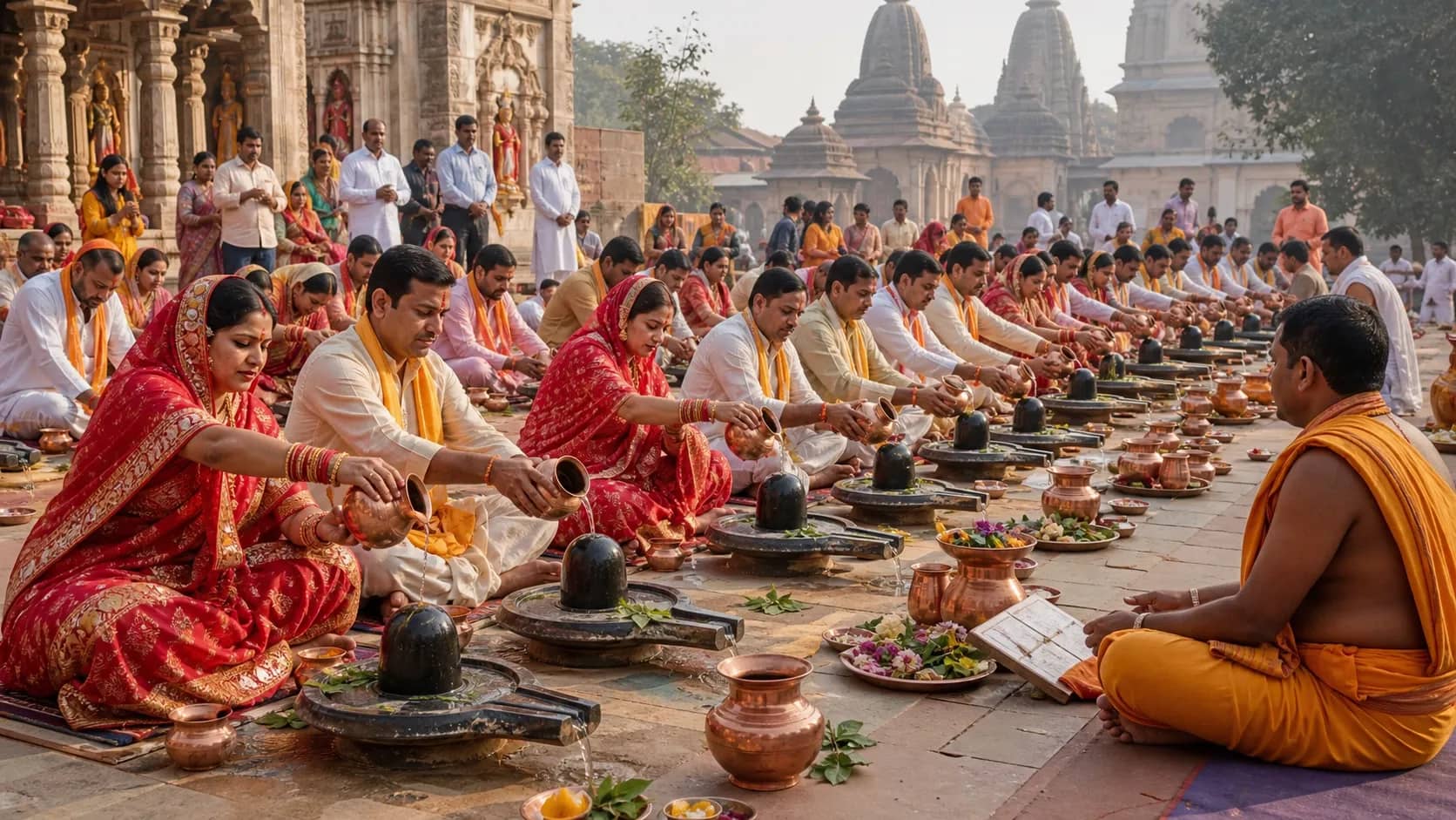 Rows of couples taking part in a collective Rudrabhishek ceremony