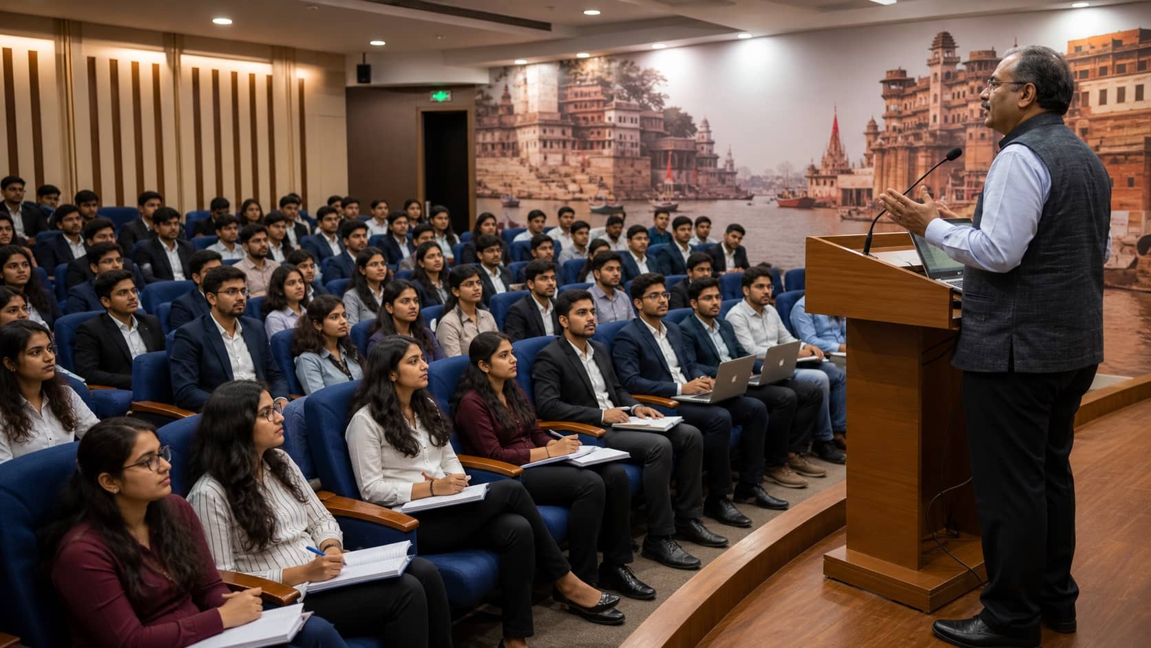 New management and computer students attending an orientation session