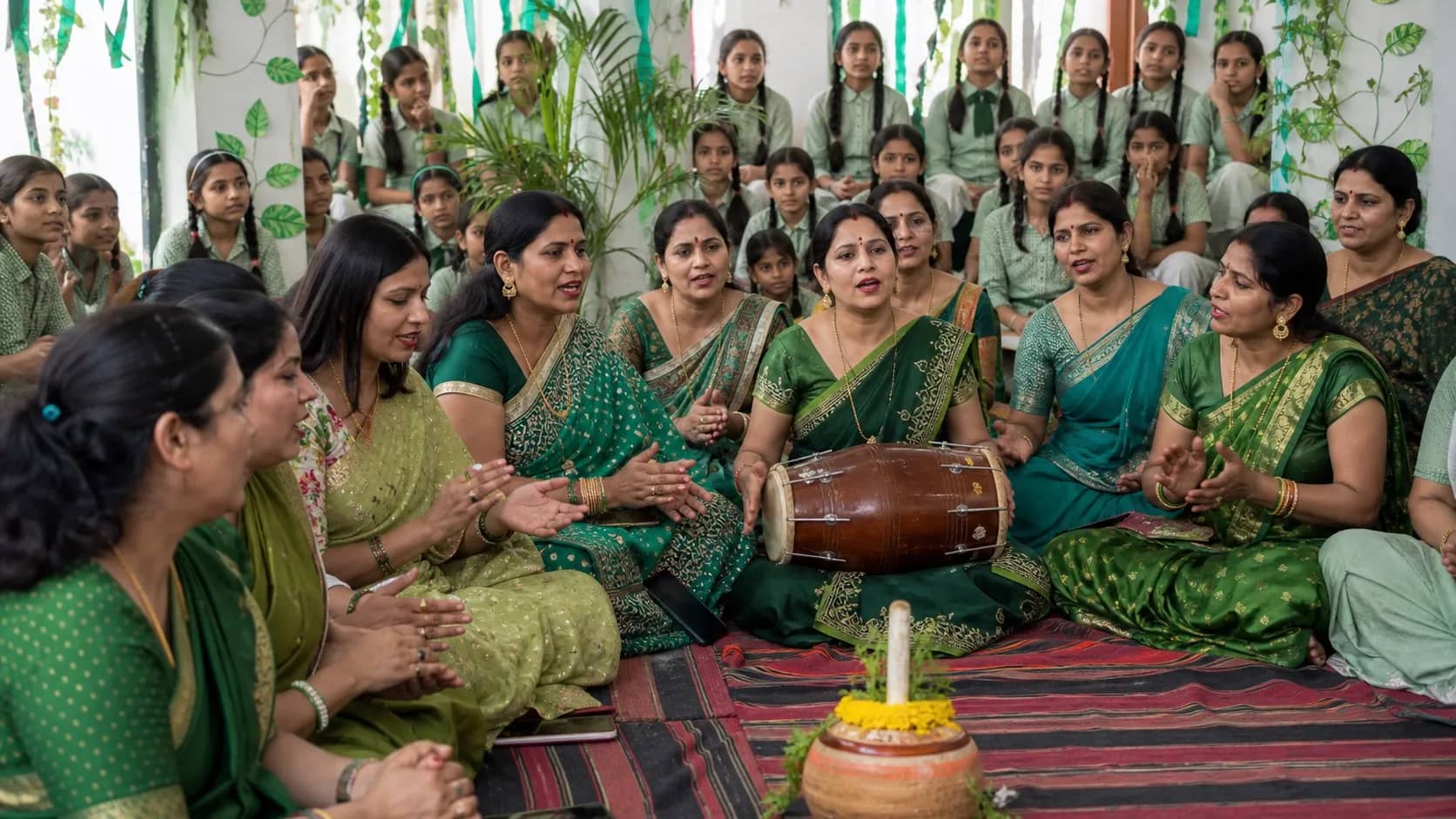 Women singing Kajri folk songs during a school Sawan festival