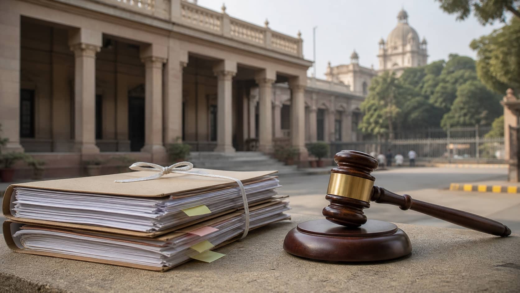 Exterior of a courthouse with case files in the foreground