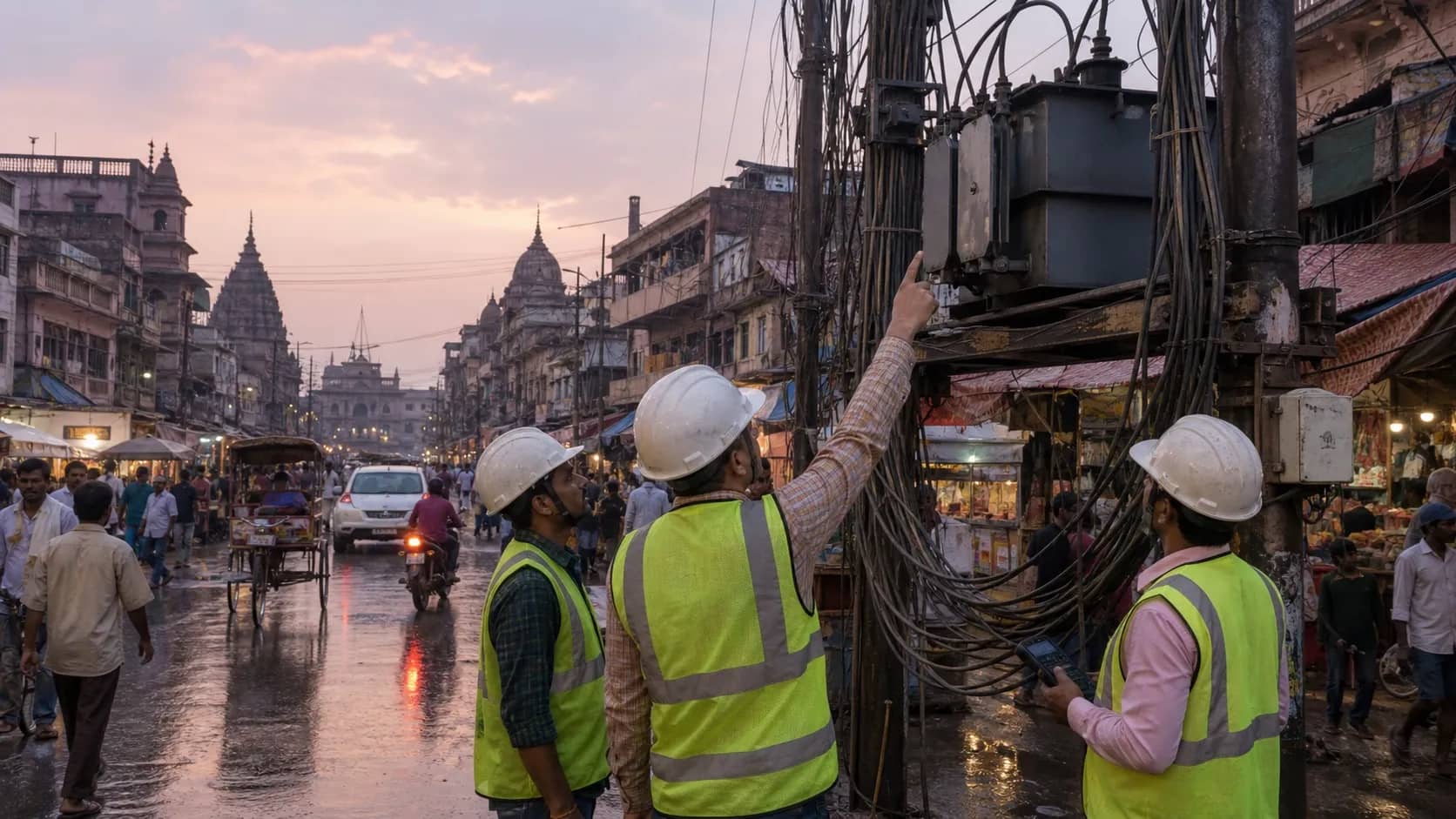 Electricity workers inspecting a roadside power pole in wet weather