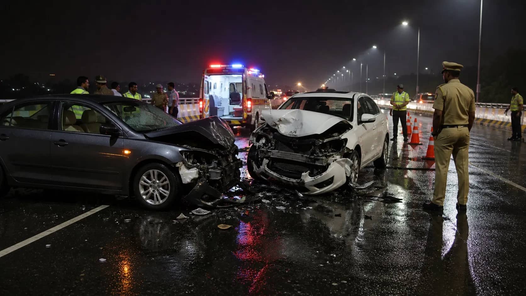 Two damaged cars on a wet highway as responders manage traffic