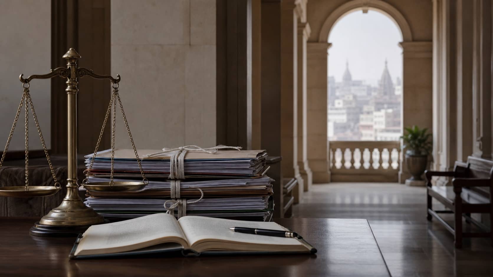 Court files beside a neutral exterior view of the Gyanvapi area
