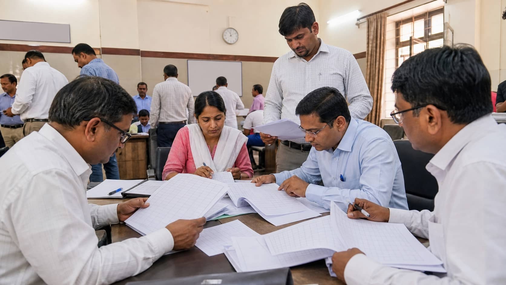 Officials and citizens reviewing printed electoral rolls at a desk