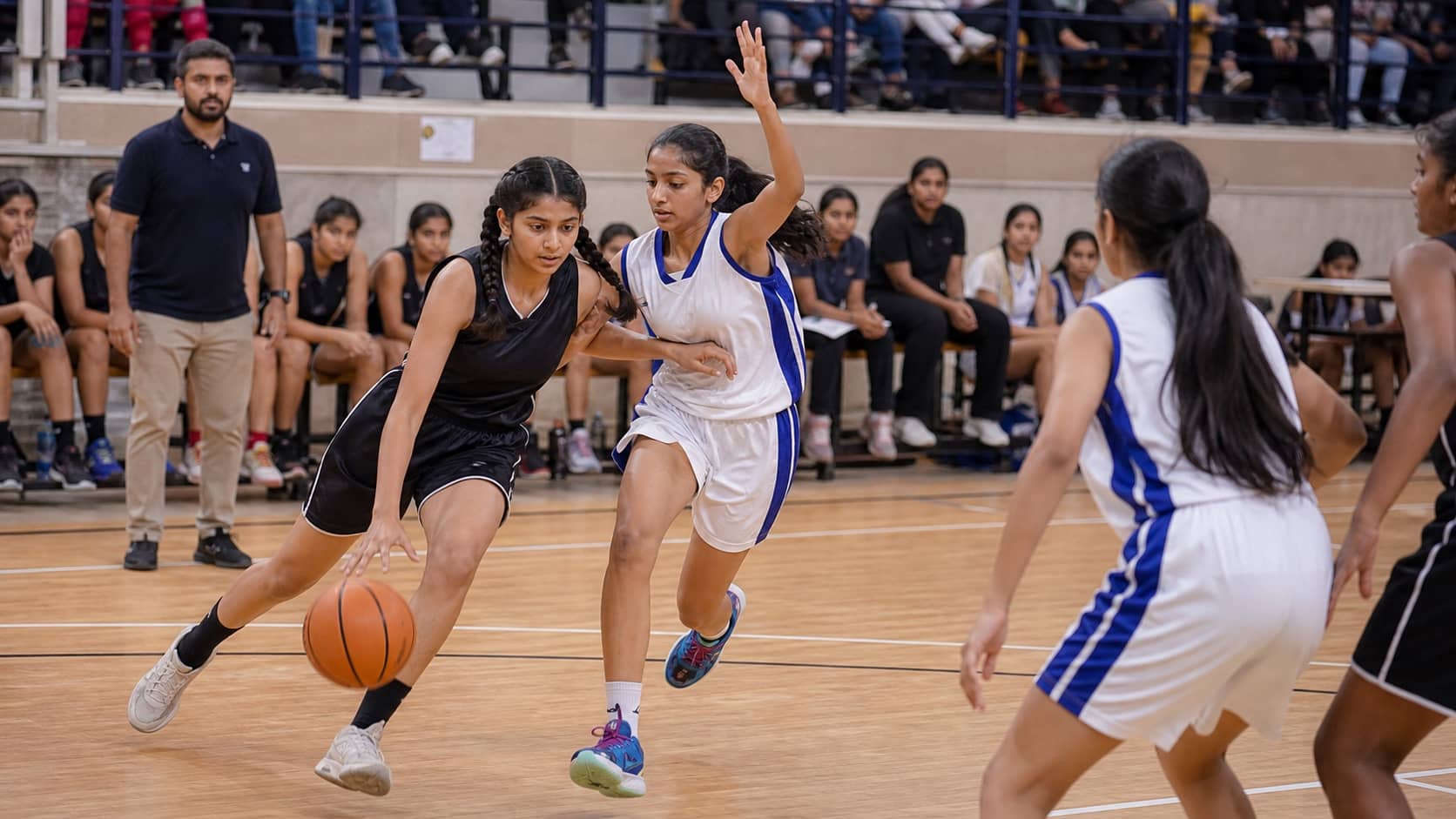 Girls contesting a basketball final on an indoor school court