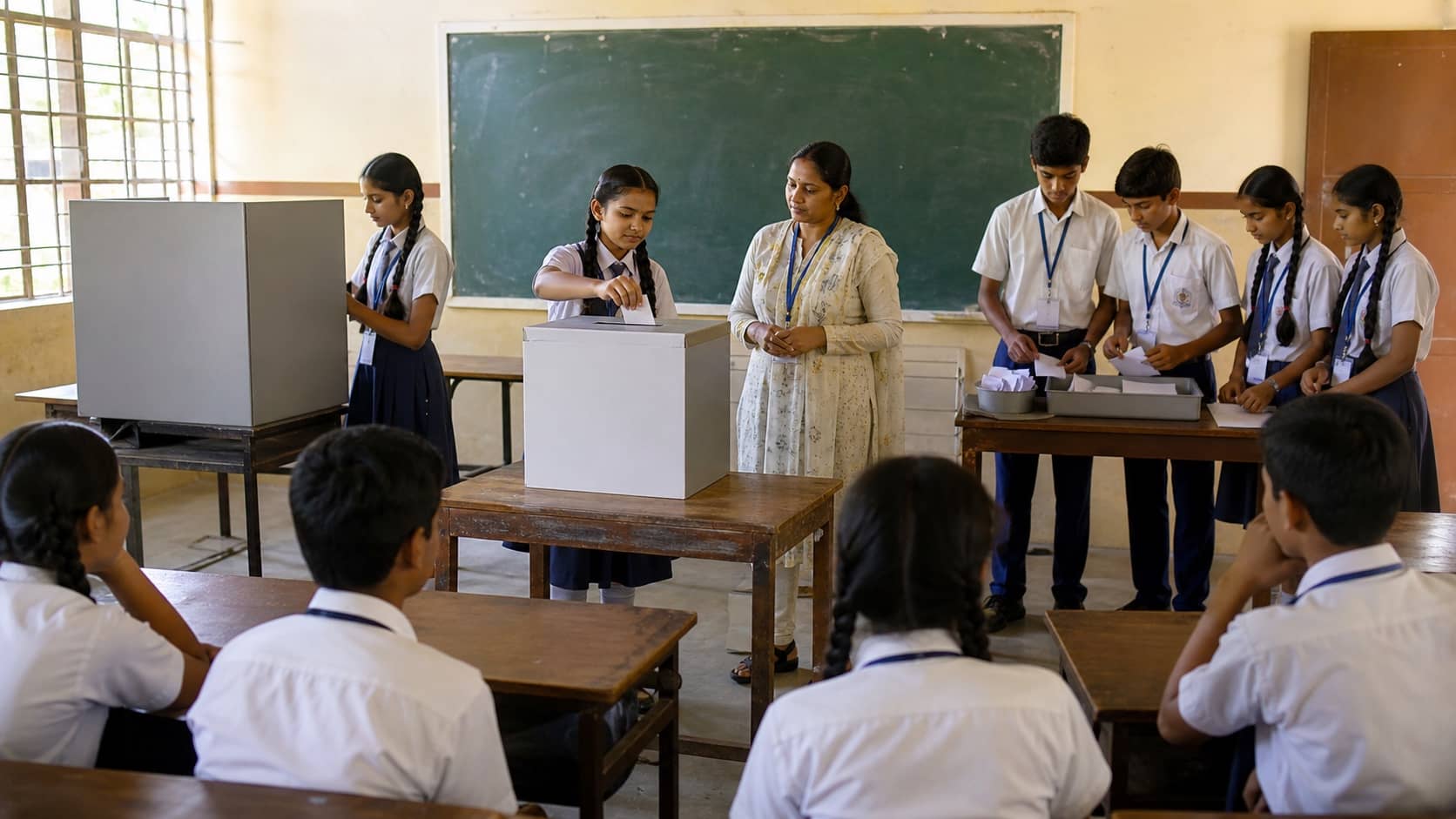 School students taking part in a mock election with a ballot unit
