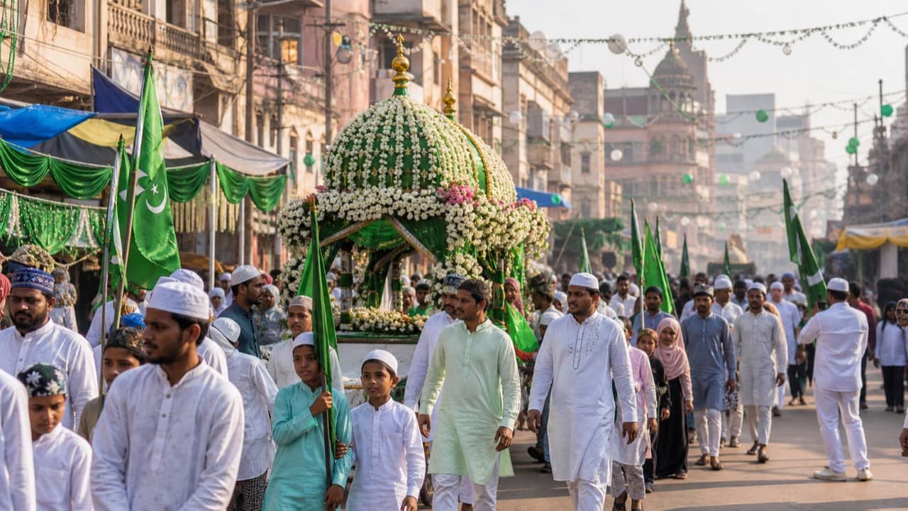 A peaceful Eid Milad procession moving through a Varanasi street