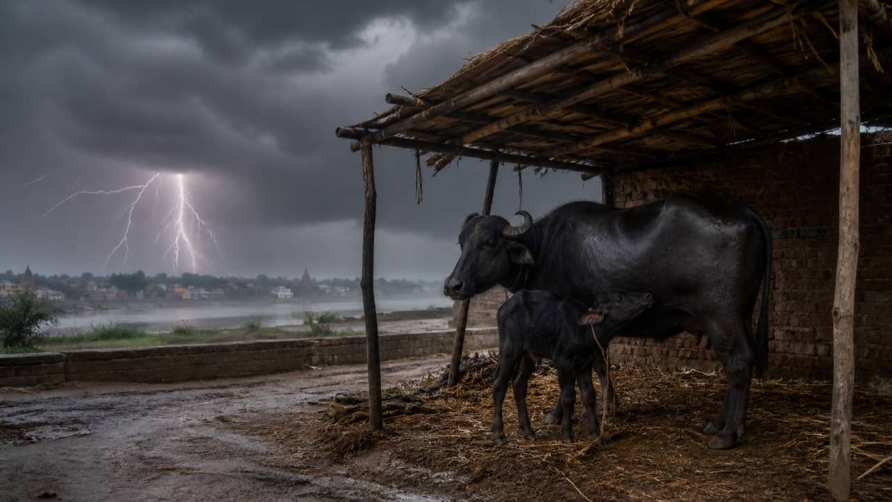 Cattle shelter under dark monsoon clouds in rural Varanasi