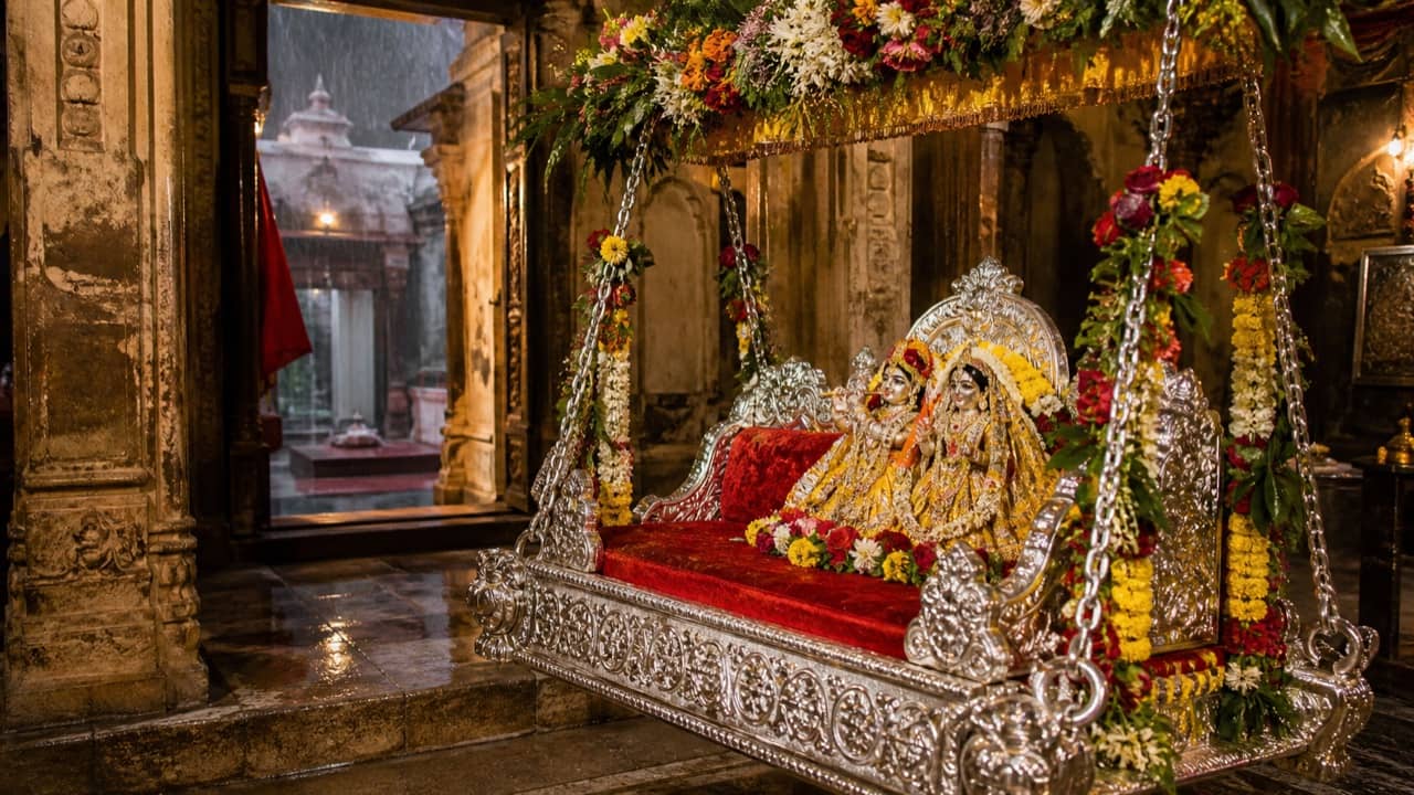 A decorated silver swing inside a Varanasi temple during monsoon festivities
