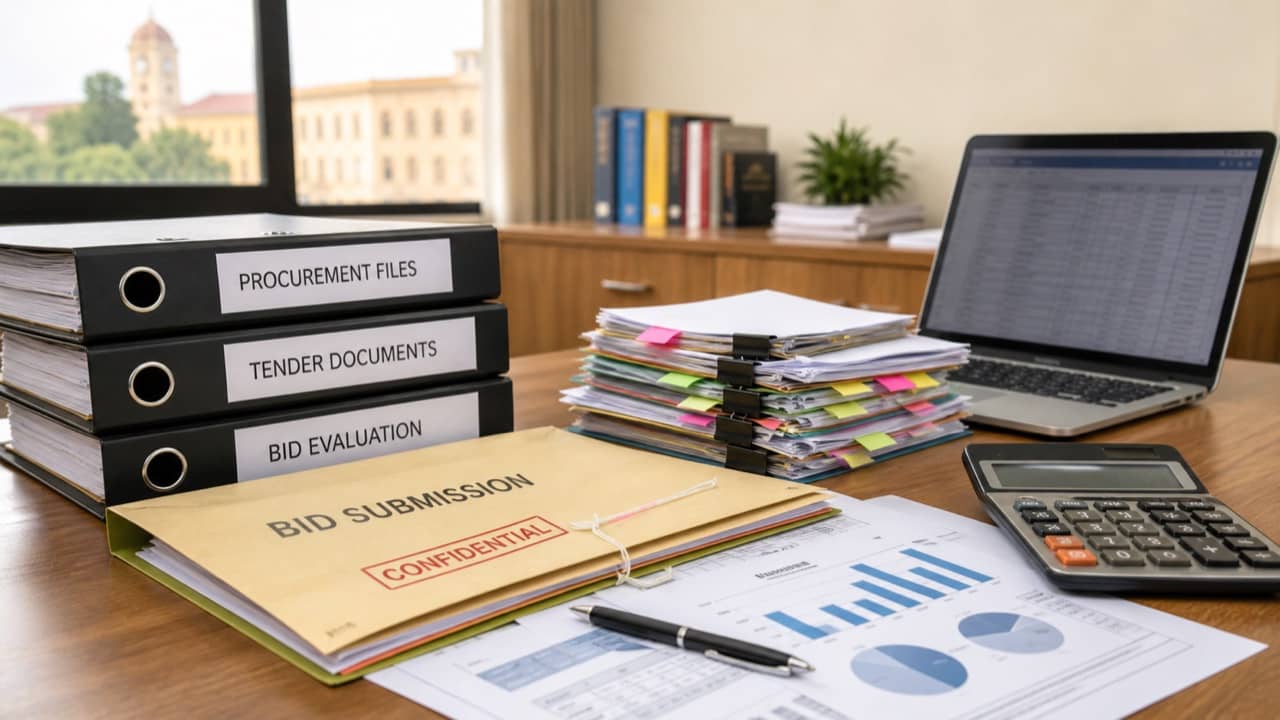 Procurement files and a laptop on an institutional office desk