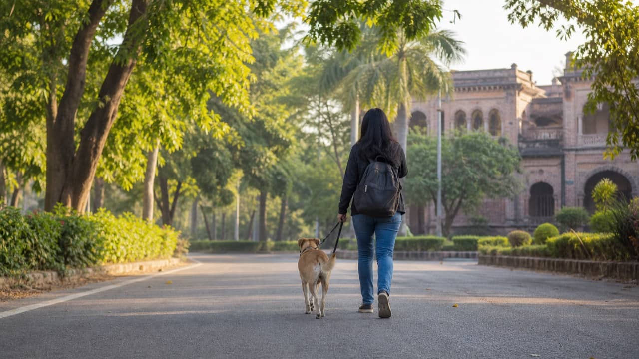 A leashed dog walking with its owner on a leafy university campus