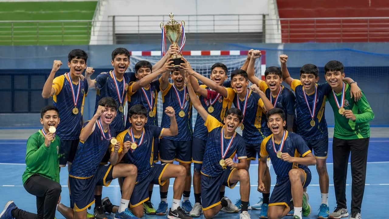 A school handball team celebrating with medals after a final