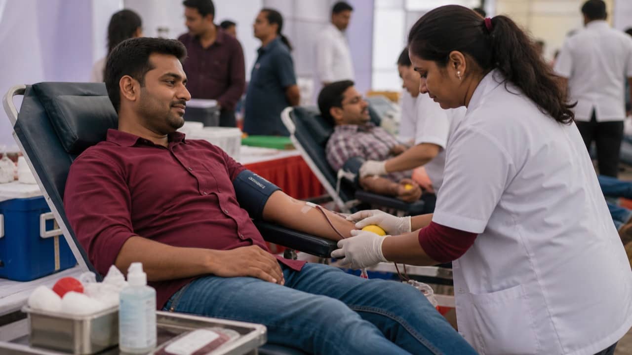 A volunteer donating blood at an organised medical camp