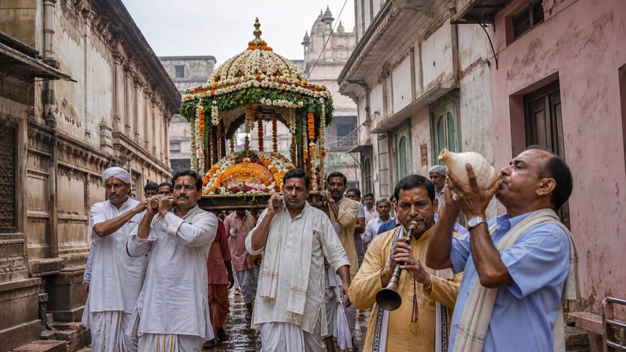 A flower-decorated ceremonial palanquin moving through old Varanasi