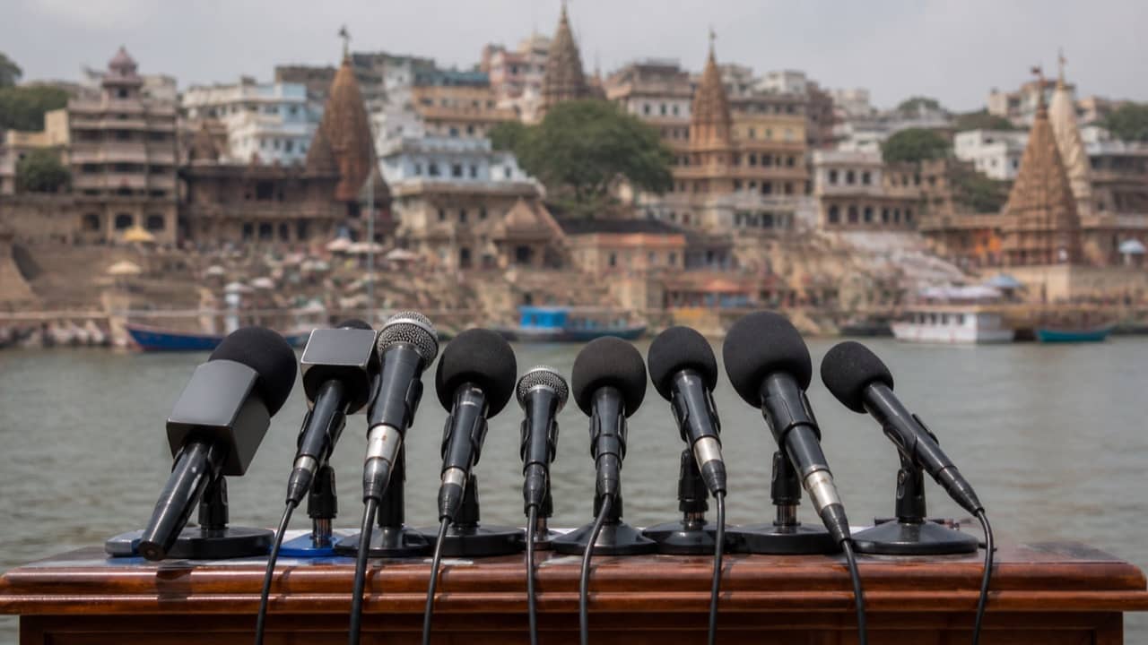 Microphones arranged for a public statement in Varanasi