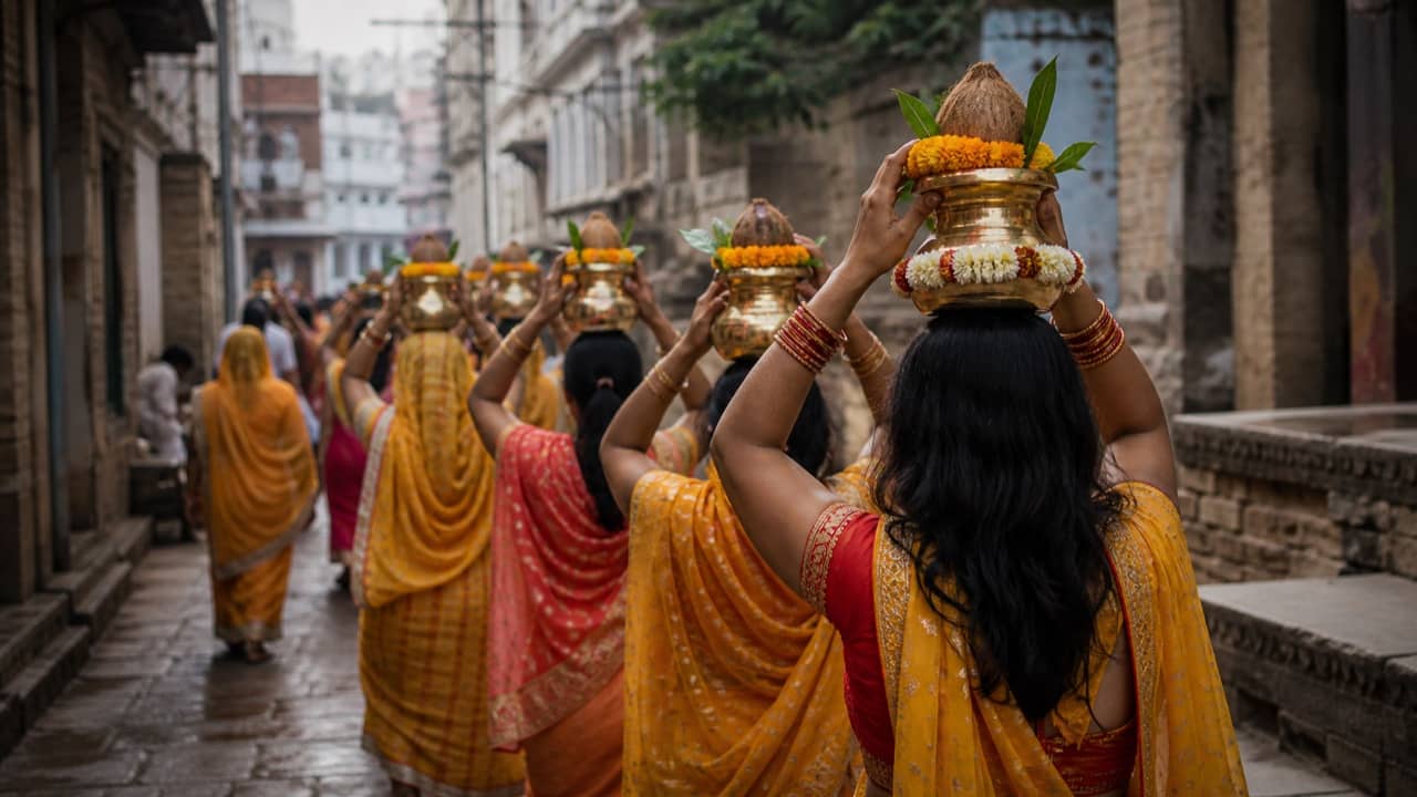 Women carrying decorated kalash vessels in a Varanasi procession
