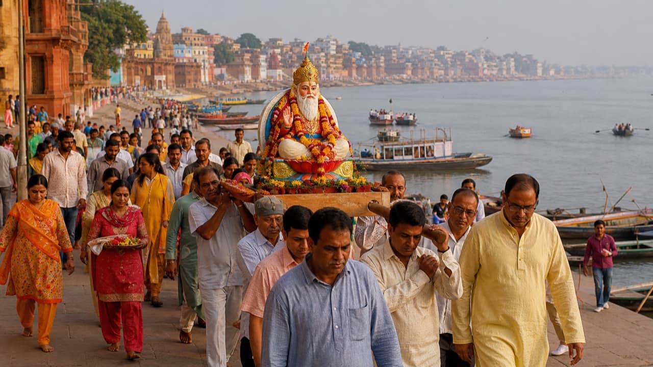 A Jhulelal community procession approaching a Varanasi ghat