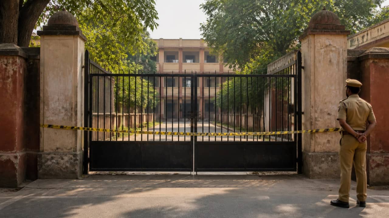 Police tape and school gates after a student safety incident