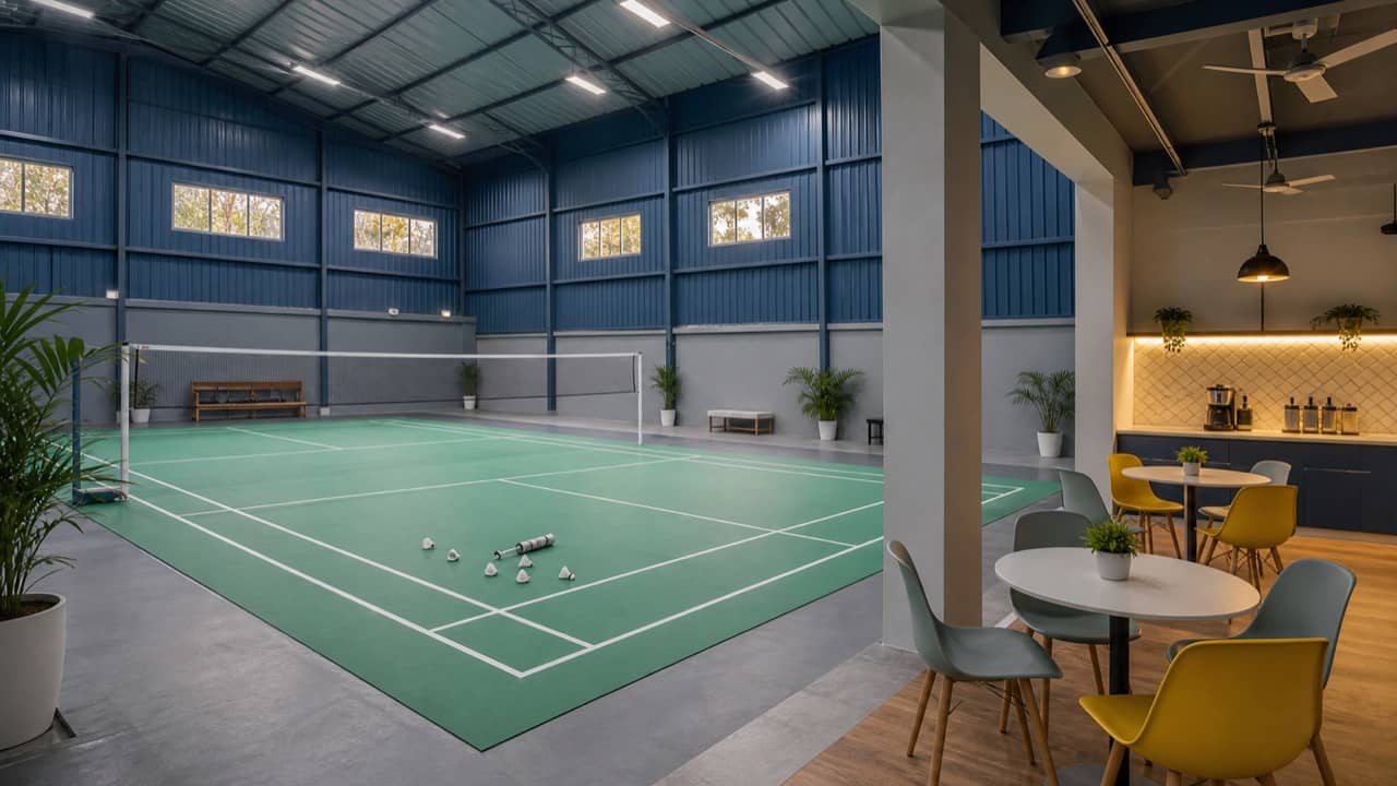 An indoor badminton court with a small cafe seating area nearby