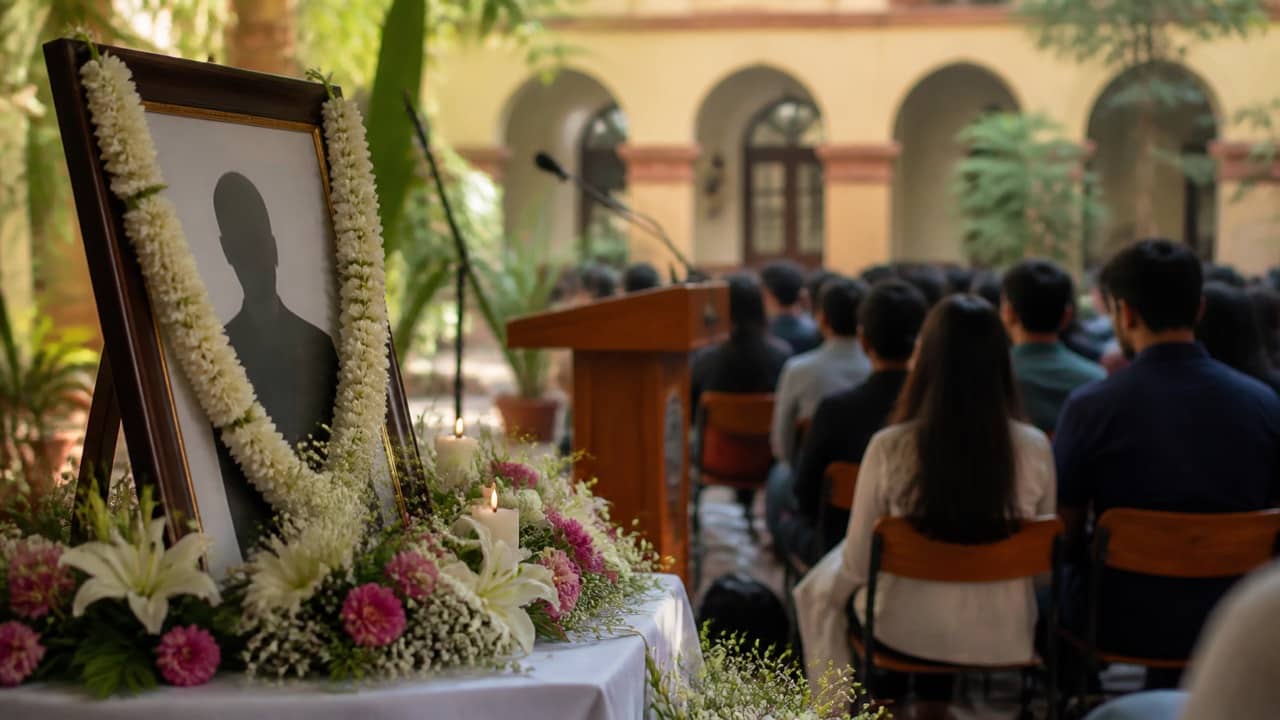 A college memorial lecture with flowers beside a portrait