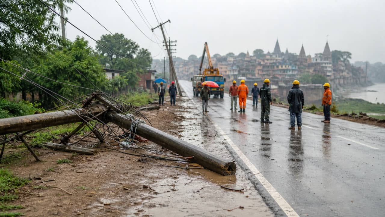 Fallen electricity poles beside a rain-soaked rural road