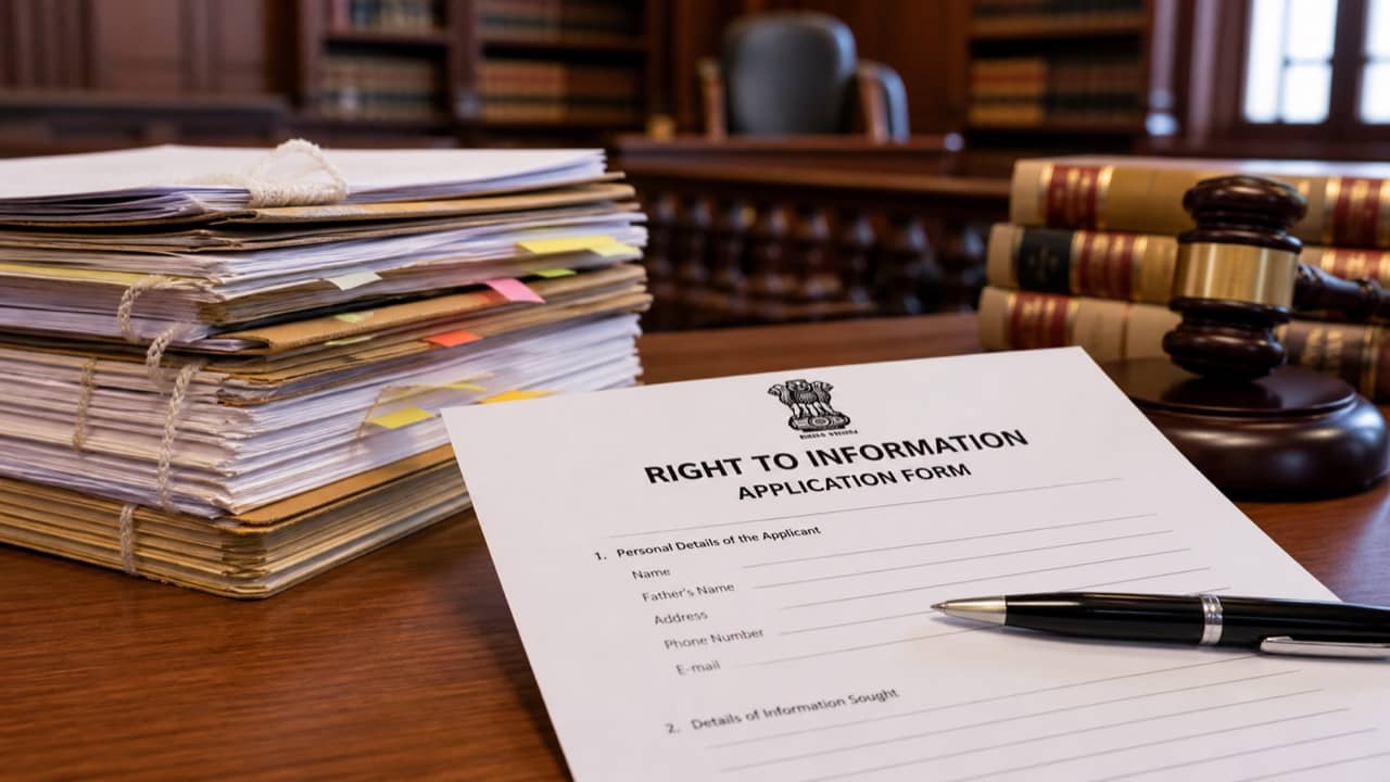 An RTI application form beside legal case files