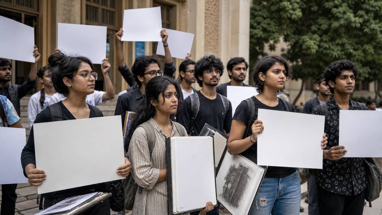 Fine arts students holding placards outside a university office